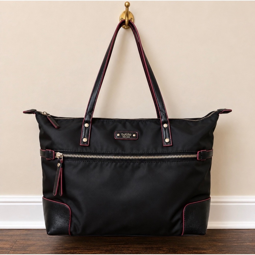 Tutilo New York Black Nylon Tote Bag Burgundy Trim Laptop Sleeve Large Shoulder
